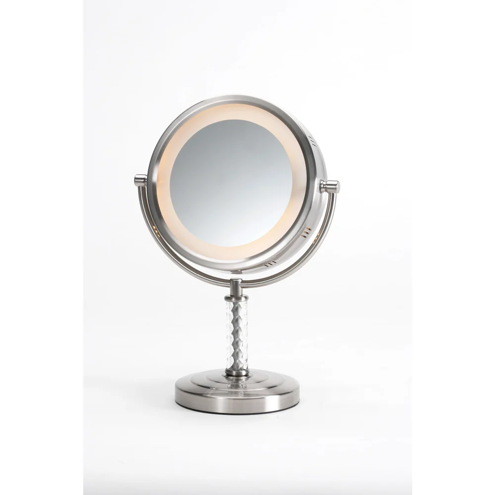 Jerdon Table Top Lighted Vanity Mirror, 6x Magnification, Nickel, 8" Dia.