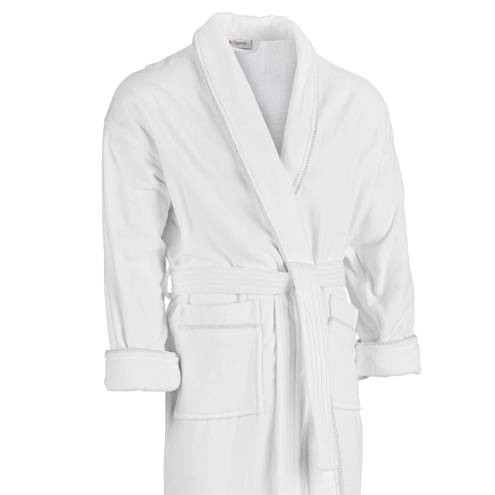 Registry Shawl Collar Robe with Silver Cording, 100% Cotton, One Size, White