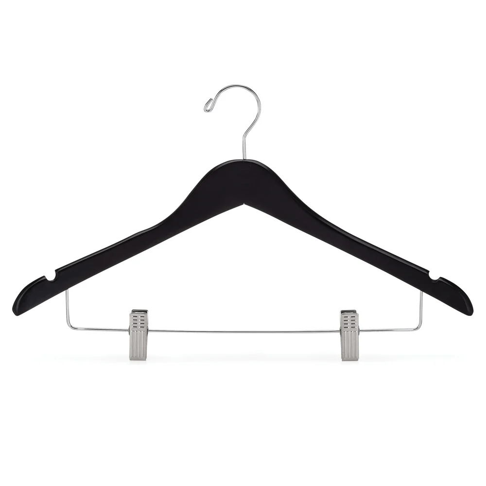 Registry Women’s Contoured Hardwood Hanger, Open Hook, 18" W x 0.5" D, Black