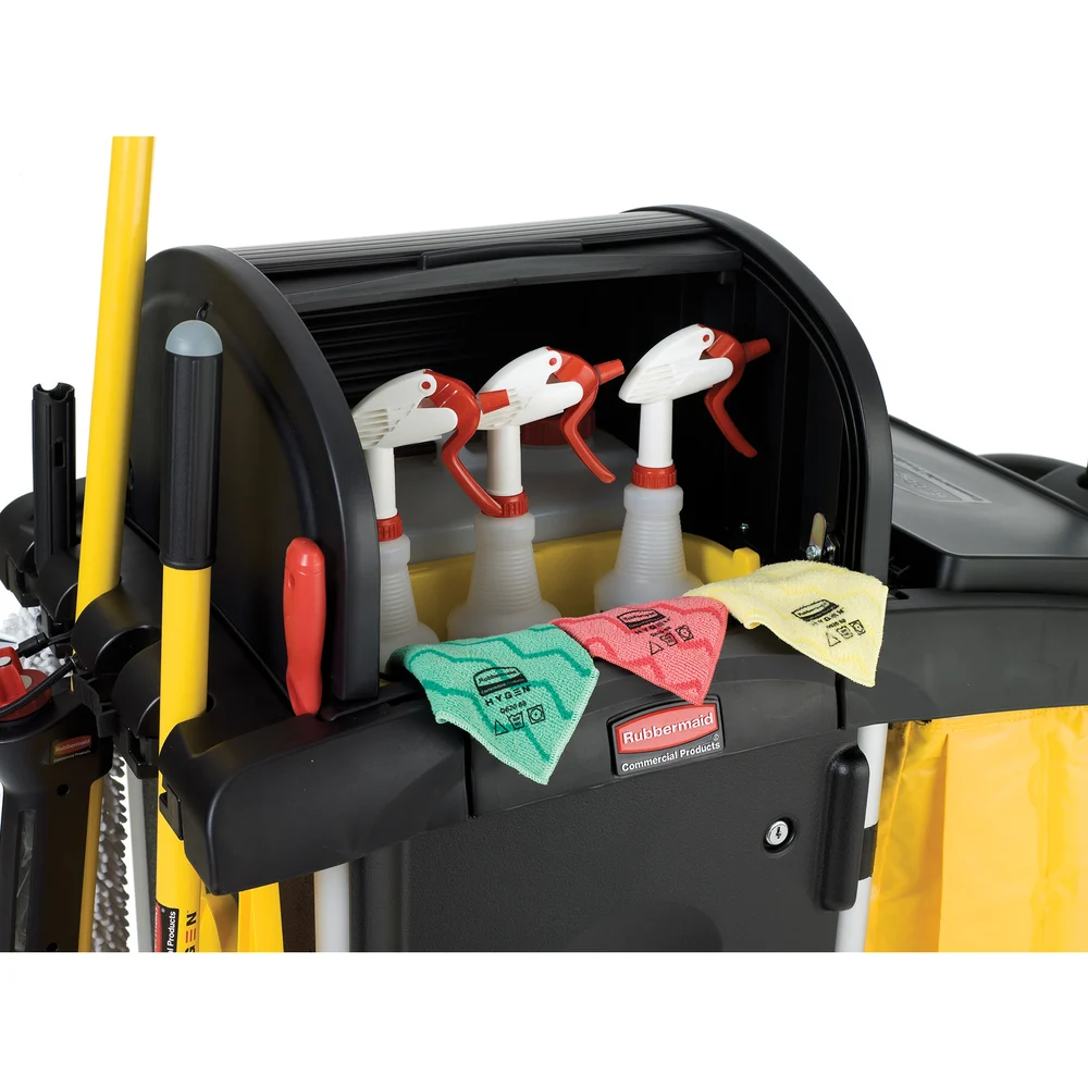 Rubbermaid High Security Janitor Cleaning Cart with Locking Hood and Cabinets, Black thumbnail 4