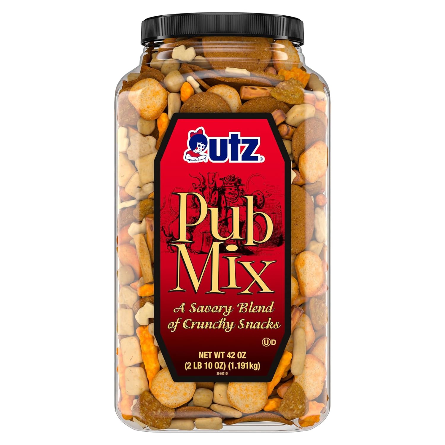 Utz Pub Mix, 42 Oz. Barrel, Savory Snack Mix with a Blend of Crunchy Flavors for a Tasty Party Snack