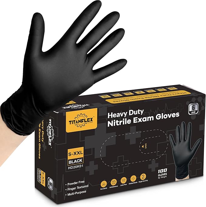 Disposable Nitrile Exam Gloves, 6-mil, Black, L