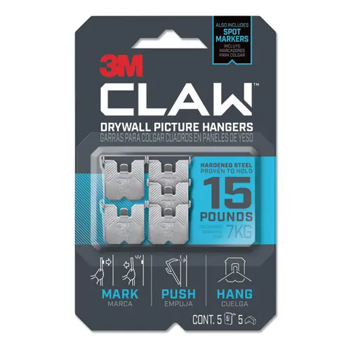 3M™ Claw Drywall Picture Hanger, Stainless Steel, 15 lb Capacity, 5 Hooks and 5 Spot Markers