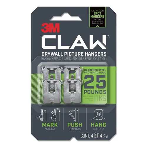3M™ Claw Drywall Picture Hanger, Stainless Steel, 25 lb Capacity, 4 Hooks and 4 Spot Markers