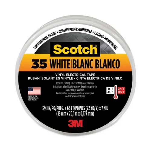 3M™ Scotch 35 Vinyl Electrical Color Coding Tape, White, 3" Core, 0.75" x 66 ft