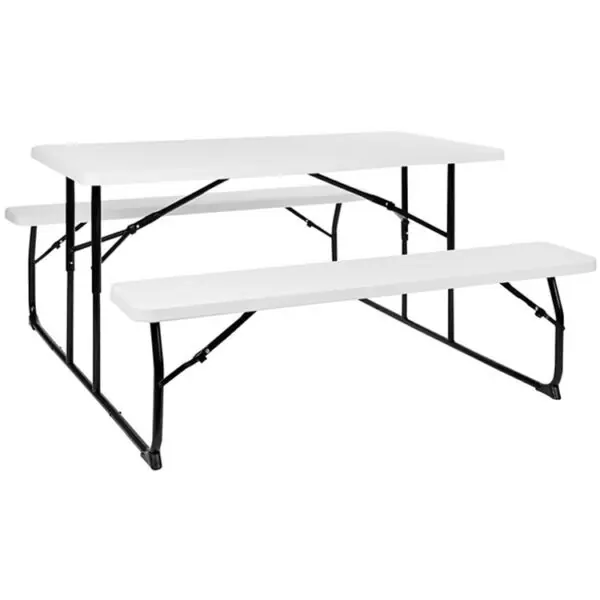 53 3/4″ x 58 1/4″ White Plastic Picnic Table with 2 Benches