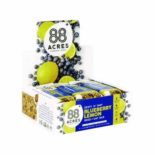 88 ACRES Warm 'N Chewey Gluten-Free Blueberry/Lemon Seed and Oat Bar, 1.6 oz, 9 Bars/Box