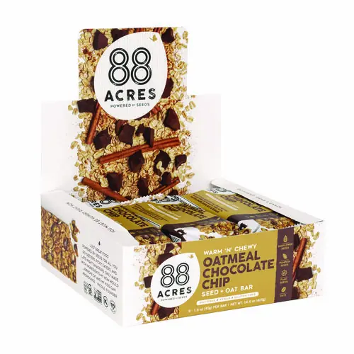 88 ACRES Warm 'N Chewy Gluten-Free Oatmeal/Chocolate Chip Seed and Oat Bar, 1.6 oz, 9/Box