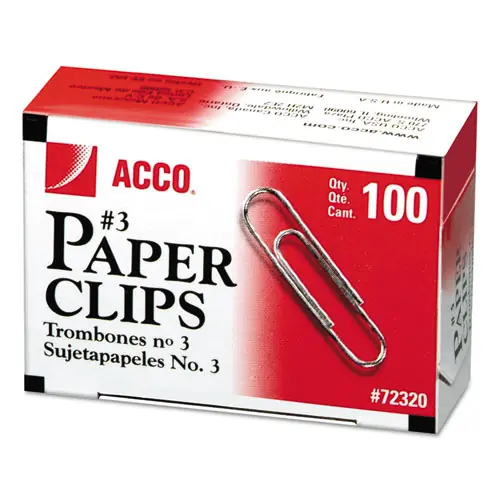 ACCO Paper Clips #3 Smooth Silver 100 Clips/Box 10 Boxes/Pack