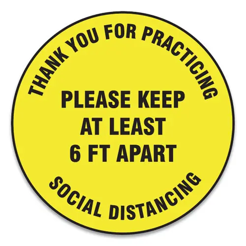 Accuform® Slip-Gard Floor Signs, 12" Circle, Thank You For Practicing Social Distancing, Yellow, 25/PK