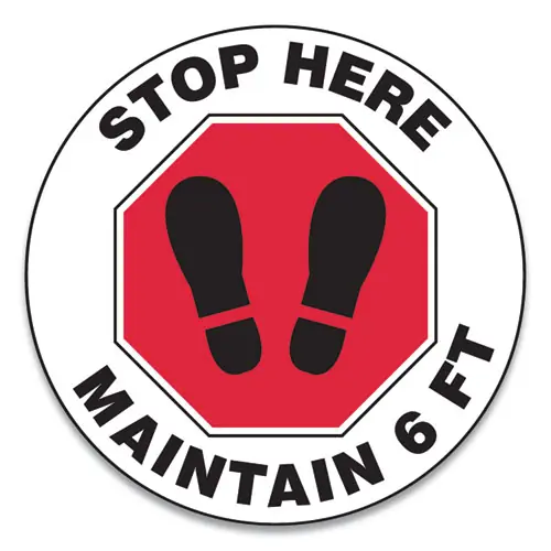 Accuform® Slip-Gard Social Distance Floor Signs, 12" Circle, "Stop Here Maintain 6 ft", Footprint, Red/White, 25/Pack