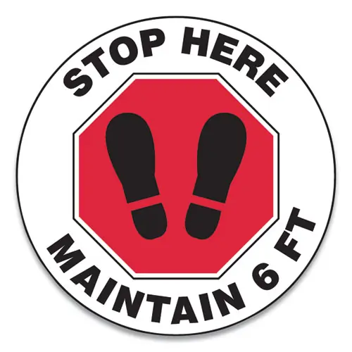 Accuform® Slip-Gard Social Distance Floor Signs, 17" Circle, "Stop Here Maintain 6 ft", Footprint, Red/White, 25/Pack