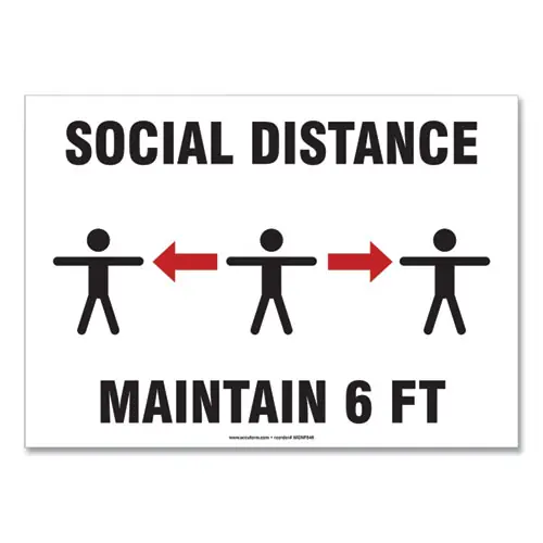Accuform® Social Distance Signs, Wall, 10 x 7, "Social Distance Maintain 6 ft", 3 Humans/Arrows, White