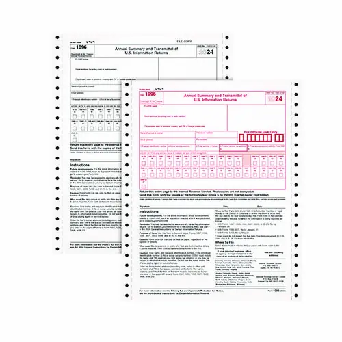 Adams® 2-Part 1096 Continuous Feed Tax Forms, Fiscal Year 2024, Two-Part Carbonless, 8 x 11, 10 Forms