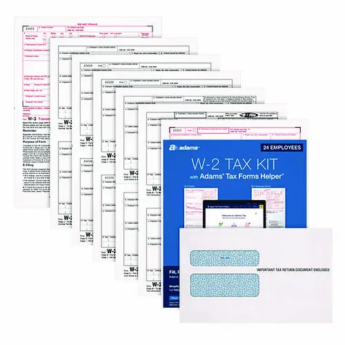 Adams® 6-Part W-2 Tax Form Kit with Security Envelopes & Tax Forms Helper®, 2024, 8.5 x 5.5, 2 Forms/Sheet, 24 Forms