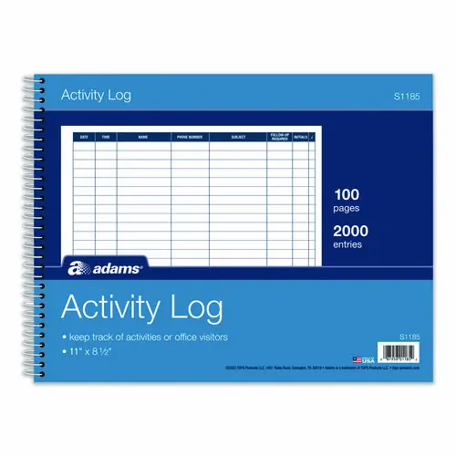 Adams® Activity Logbook, 8 Columns, Blue/White Cover, 11 x 8.5, 50 Sheets