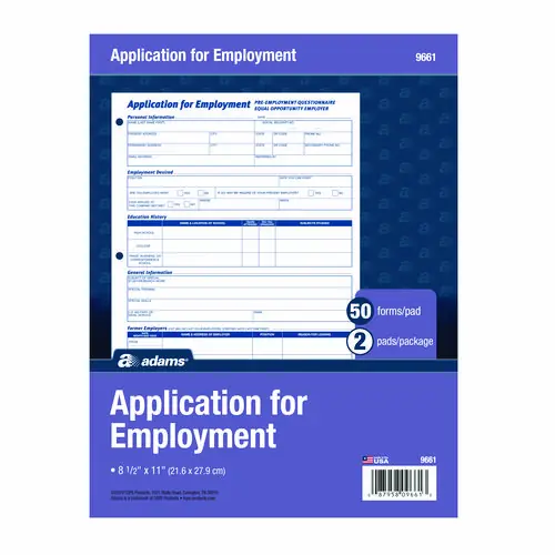 Adams® Employment Applications, One-Part (No Copies) - 50 Forms per Pad, 2 Pads per Pack