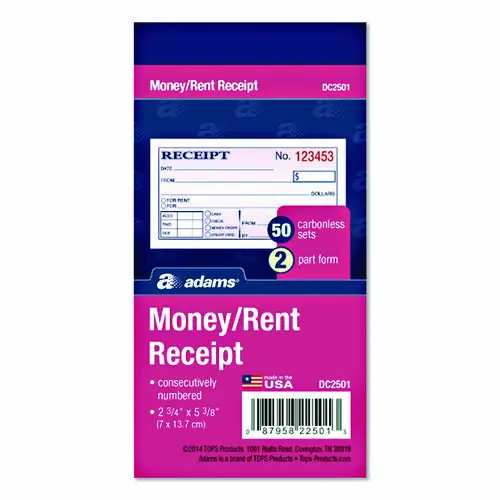Adams® Money/Rent Receipt Book, Two-Part Carbonless - 50 Forms, 4.88 x 2.75 Inches