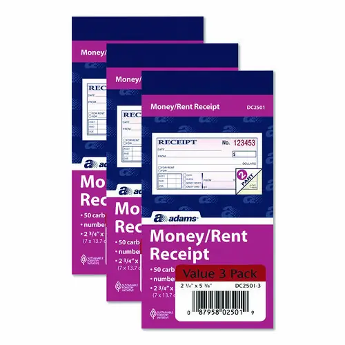 Adams® Money/Rent Receipt Book, Two-Part Carbonless, 50 Receipts/Book, 3 Books/Pack