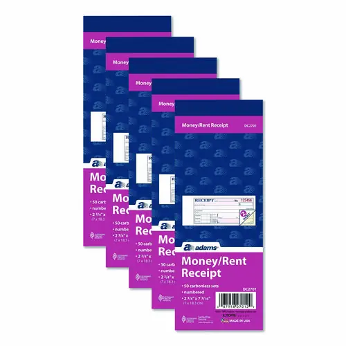 Adams® Money/Rent Receipt Book, Two-Part Carbonless, 6.69 x 2.75, 50 Receipts/Book, 5 Books/Pack