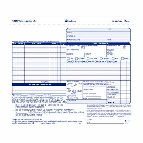 Adams® Multipart Auto Repair Work Order Forms, Three-Part Carbonless, 8.5 x 6.94, 50 Forms