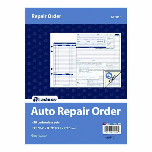 Adams® Multipart Auto Repair Work Order Forms with Checklist for Routine Jobs, Three-Part Carbonless, 50 Forms, 10.94 x 8.5 inches