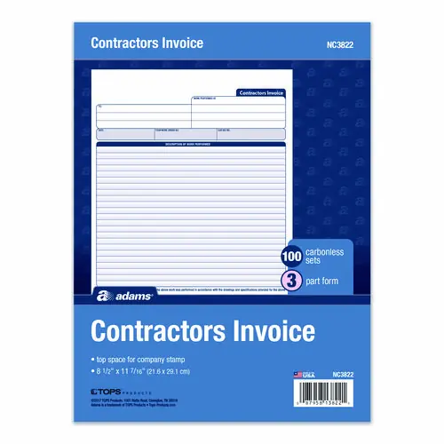 Adams® Multipart Contractor Invoice Forms, Three-Part Carbonless, 8.5 x 10.94, 100 Forms Total