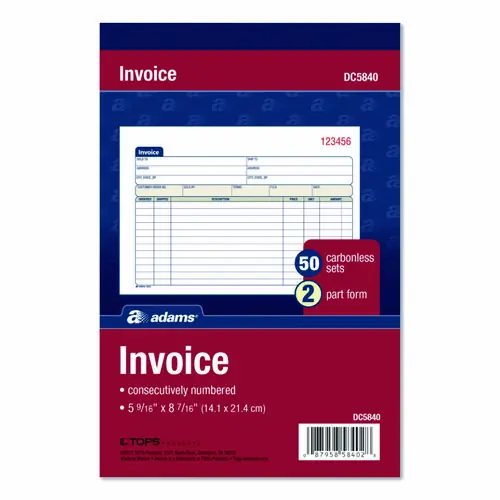 Adams® Multipart General-Purpose Invoice Pad, Two-Part Carbonless, 50 Forms, 7.94 x 5.56 inches