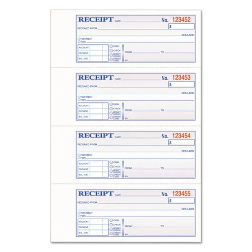 Adams® Multipart Money/Rent Receipt Book, Casebound, Three-Part Carbonless, 7 x 2.75, 4 Forms per Sheet, 200 Total