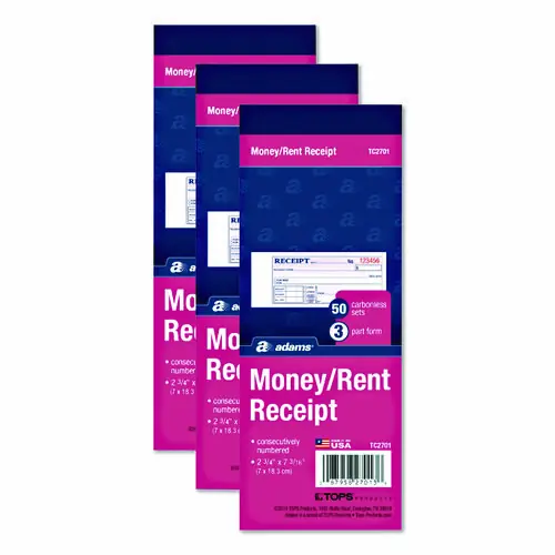 Adams® Multipart Money/Rent Receipt Book, Three-Part Carbonless, 50 Receipts/Book, 3 Books/Pack