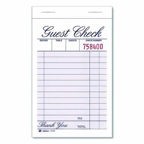 Adams® One-Part Guest Check Pad, 3.35 x 4.94, 100 Forms/Pad, 12 Pads/Pack