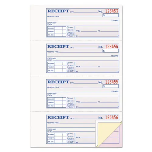 Adams® Receipt Book, Three-Part Carbonless, 7.19 x 2.75, 4 Forms/Sheet, 100 Forms Total