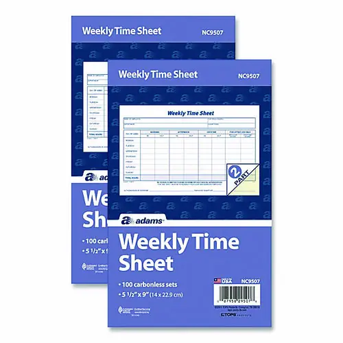 Adams® Weekly Time Sheets, One Part (No Copies), 8.5 x 5.5, 100 Forms/Pad, 2 Pads/Pack