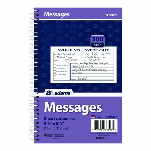 Adams® While You Were Out Messages Book, Two-Part Carbonless, 300 Forms, 3 Forms/Sheet, 5 x 2.83
