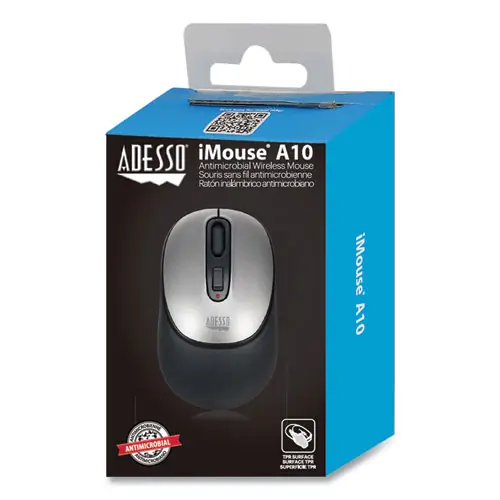 Adesso iMouse A10 Antimicrobial Wireless Mouse, 2.4 GHz Frequency, Left/Right Hand Use, Black/Silver