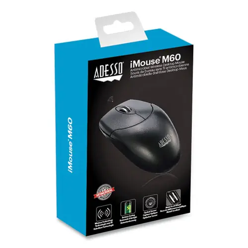 Adesso iMouse M60 Antimicrobial Wireless Mouse, 2.4 GHz Frequency/30 ft Wireless Range, Left/Right Hand Use, Black