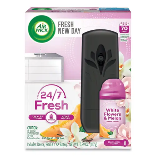 Air Wick® Freshmatic Ultra Automatic Starter Kit, Automatic Sprayer, 5.89 oz, White Flowers & Melon Summer Delights, Includes AA Battery, 4/Carton