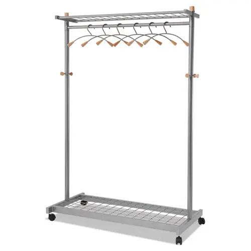 Alba™ Garment Racks, Two-Sided, 2-Shelf Coat Rack, 6 Hanger/6 Hook, Silver/Wood