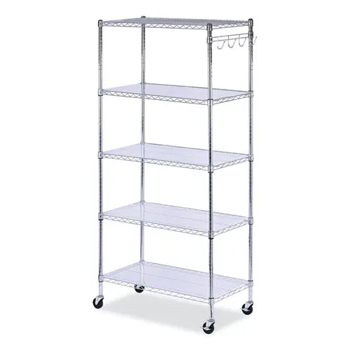 Alera® 5-Shelf Wire Shelving Kit with Casters and Shelf Liners, Silver, 36"W x 18"D x 72"H