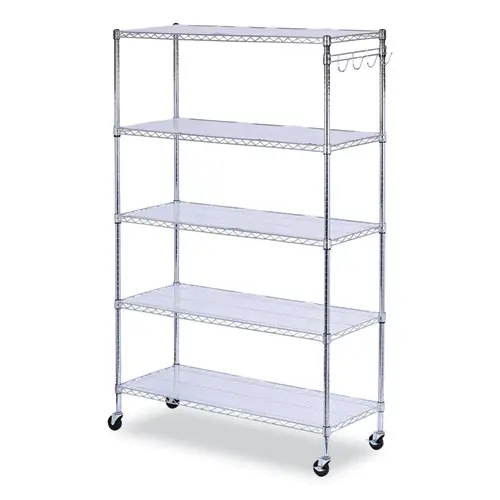 Alera® 5-Shelf Wire Shelving Kit with Casters and Shelf Liners, Silver