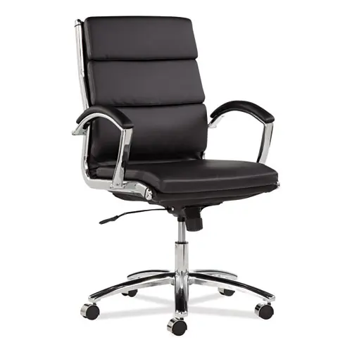 Alera® Alera Neratoli Mid-Back Slim Profile Chair, Faux Leather, Supports Up to 275 lb, Black Seat/Back, Chrome Base