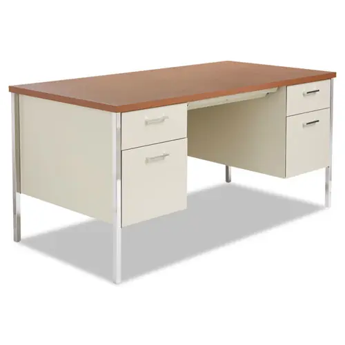 Alera® Double Pedestal Steel Desk, 60" x 30" x 29.5", Cherry/Putty, Chrome-Plated Legs