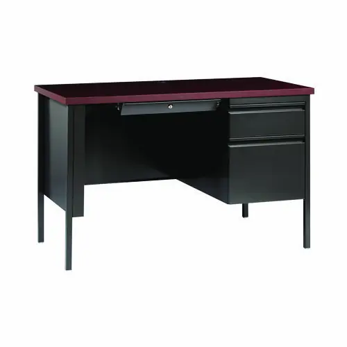 Alera® Single Pedestal Steel Desk, Mahogany/Charcoal, Charcoal Legs