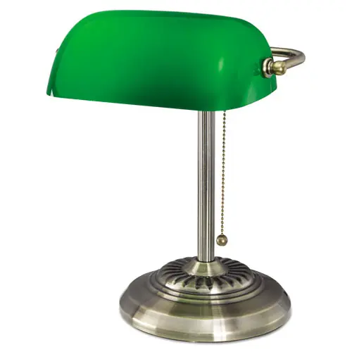 Alera® Traditional Banker's Lamp, Green Glass Shade, Antique Brass