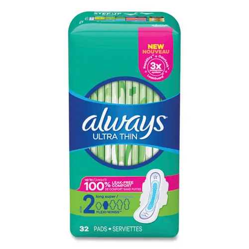 Always Ultra Thin Pads with Wings, Size 2, Long, Super Absorbent, 32/Pack