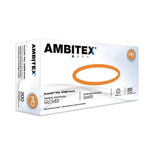 AMBITEX® EconoFit Plus Powder-Free Polyethylene Gloves, Medium, Clear, 200/Pack, 10 Packs/Carton