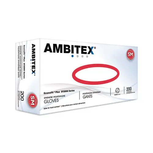 AMBITEX® EconoFit Plus Powder-Free Polyethylene Gloves, Small, Clear, 200/Pack, 10 Packs/Carton