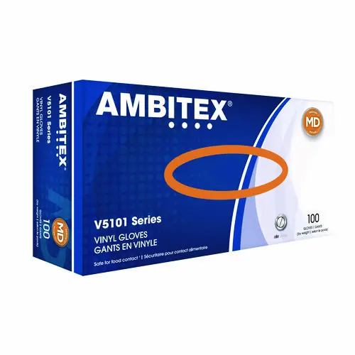 AMBITEX® V5101 Series Latex-Free Powdered Vinyl Gloves, Medium, Clear, 100/Box