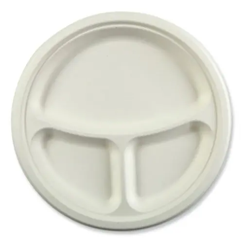 AmerCareRoyal® Bagasse PFAS-Free 3-Compartment Plate, 10.24" Diameter, White, 500/Carton
