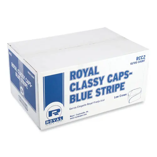 AmerCareRoyal® Classy Cap, Crepe Paper, Adjustable, One Size Fits All, White/Blue Stripe, 100 Caps/Pack, 10 Packs/Carton